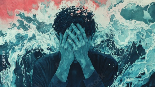 Emotional struggle against fear of aging depicted through chaotic waves and somber expression