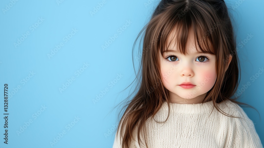 a lovely little girl with a beautiful, innocent look, she is set against a blue background. Her long, brown hair, innocent eyes and cute, innocent expression capture the viewer's attention a lovely little girl with a beautiful, innocent look, she is set against a blue background. Her long, brown hair, innocent eyes and cute, innocent expression capture the viewer's attention