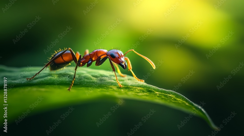 Naklejka premium A high-resolution image of a single ant on a green leaf, showcasing its fine details and texture as it explores its environment in a natural setting.