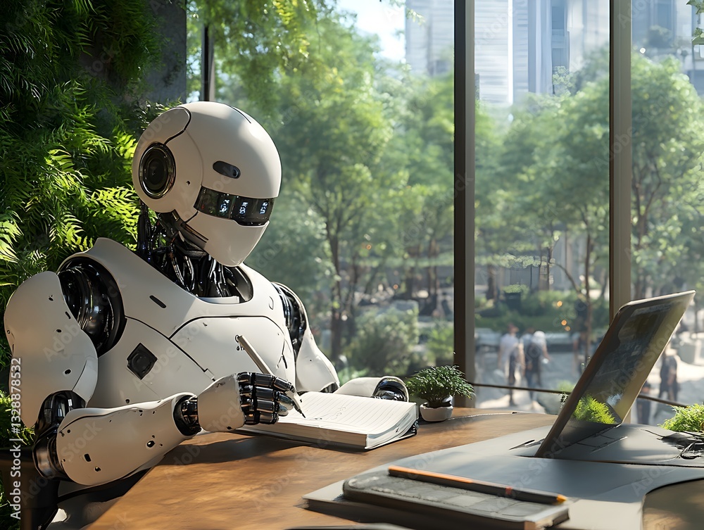 Fototapeta premium A photorealistic image of a robot sitting at a desk writing in a notebook with a clear focus on its tasks