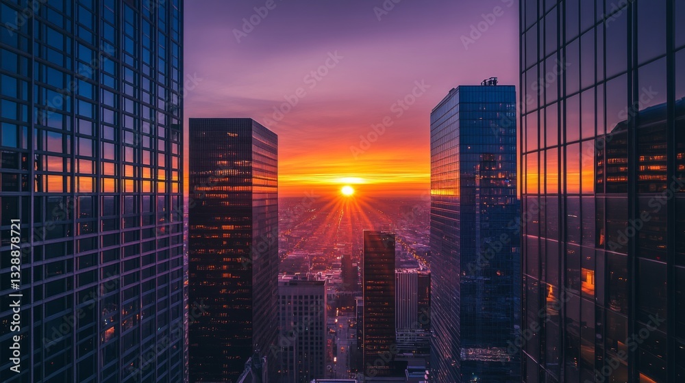 Φωτογραφία A high-resolution photo capturing the sun dipping below the horizon between two modern skyscrapers, with the city lights beginning to twinkle as the sky transitions from day to night