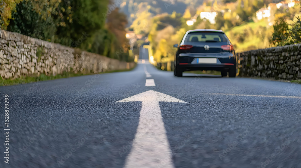 An asphalt road with a large arrow and a car An asphalt road with a large arrow and a car