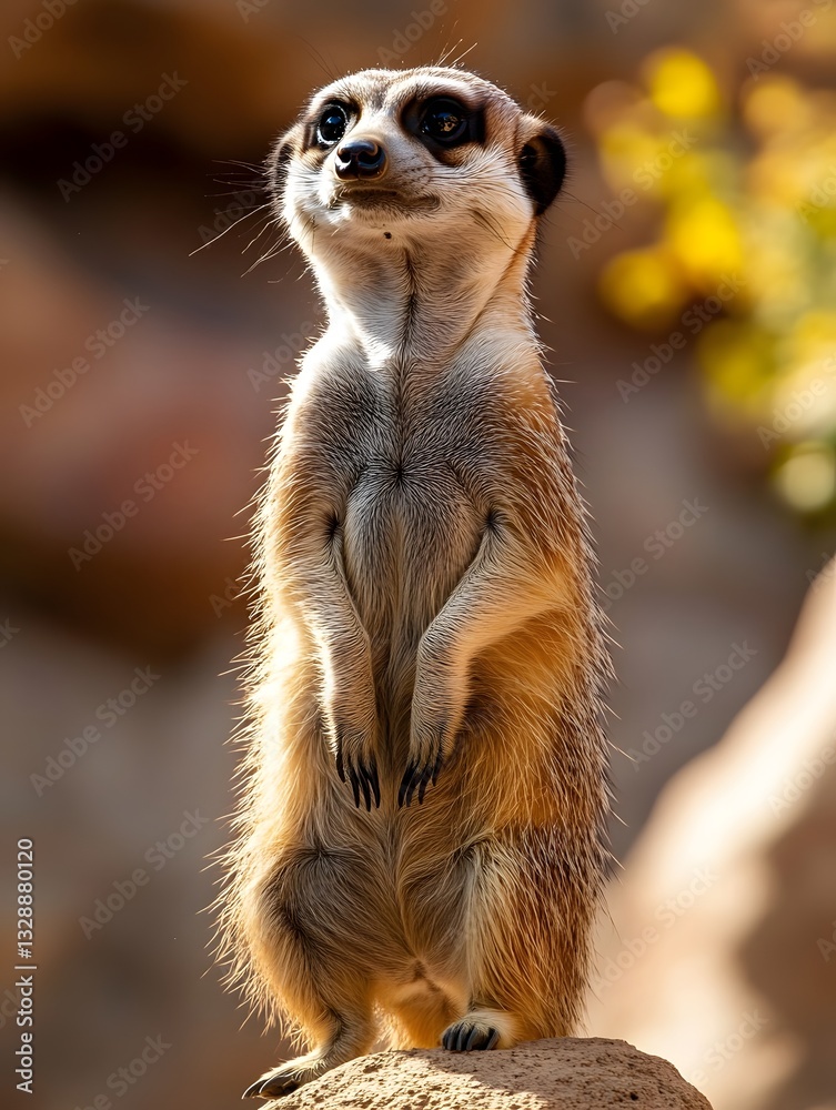 Fototapeta premium Curious meerkat standing on hind legs observing visitors