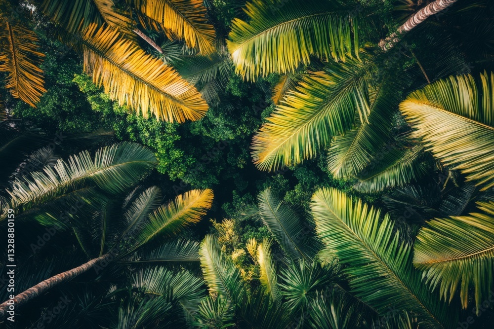 Lush tropical canopy showcasing a vibrant mix of green and yellow palm leaves in a natural setting Lush tropical canopy showcasing a vibrant mix of green and yellow palm leaves in a natural setting