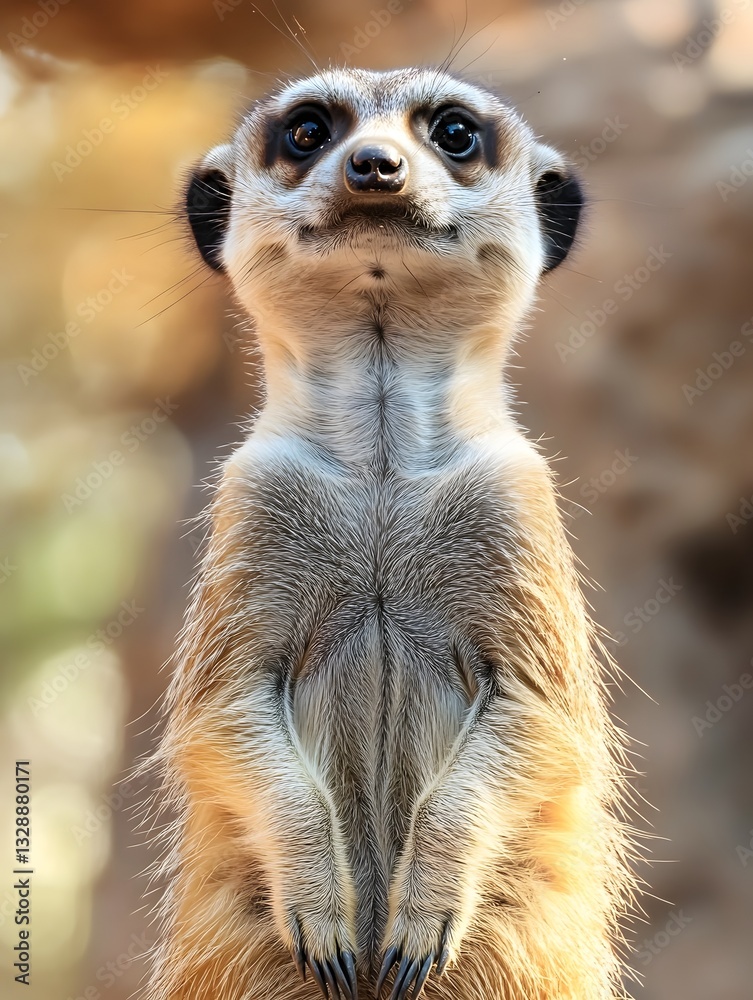 Fototapeta premium Curious meerkat standing on hind legs, observing visitors intently