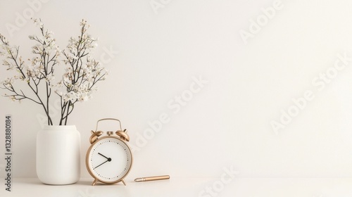 Elegant home decor featuring a vintage clock, a white flower vase with blossoms, and a stylish pen set against a clean, minimalist background.