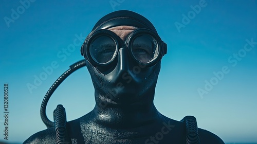 Scuba diver wearing black wetsuit and vintage diving mask standing against clear blue sky background