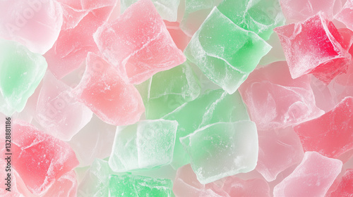 Soft pastel candy cubes in pink, green, and white with a sugar coating.