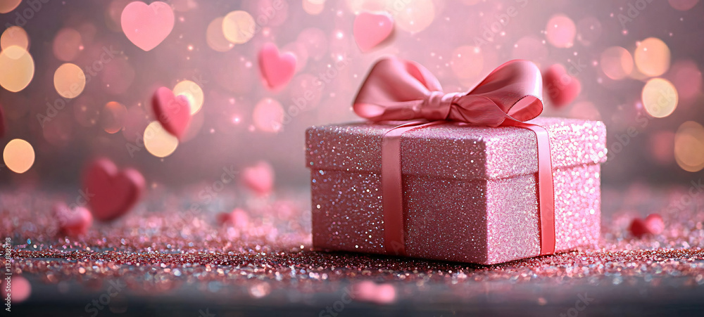 Fototapeta premium A beautifully wrapped pink gift box, perfect for Valentine's Day, birthdays, and International Women's Day celebrations. Ideal for creating romantic sale banners.