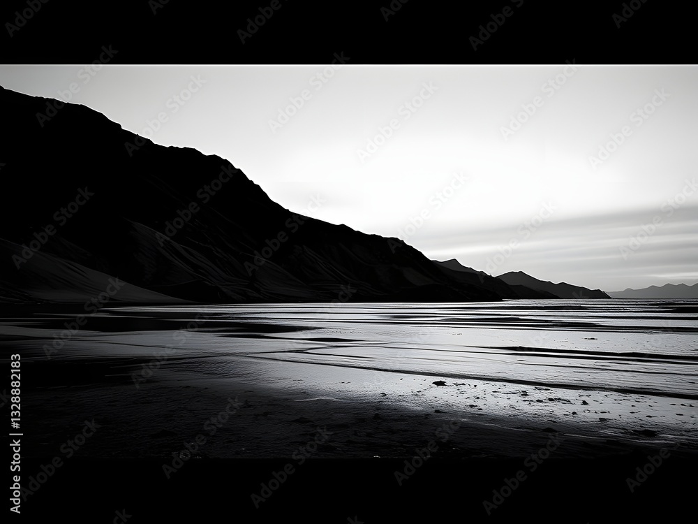 Fototapeta premium Dramatic Black and White Landscape Photography of Beach, Mountains, and Sky - Nature Scenery.