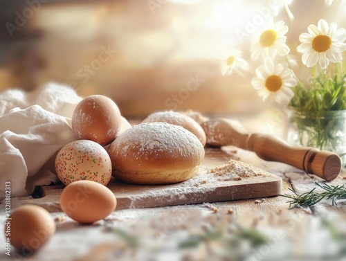 Freshly baked doughnuts and eggs arranged on a table, great for food or breakfast concepts