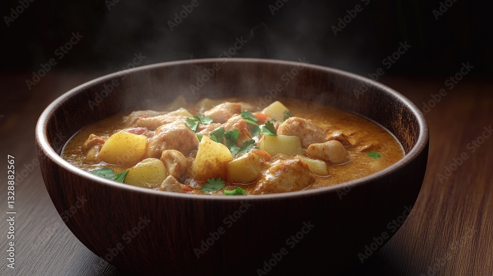 Warm and Savory Chicken Stew with Potatoes and Herbs in Rustic Wooden Bowl Warm and Savory Chicken Stew with Potatoes and Herbs in Rustic Wooden Bowl