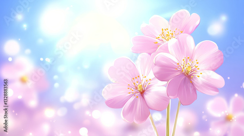 Beautiful pink flowers against soft blue background with bokeh