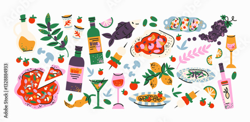 Italian food stickers. Set of traditional dishes: pasta, pizza, cheese, ravioli, wine, olives. Cartoon stickers Italian delicacies. Vector set of elements