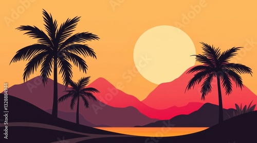 Serene Sunset Landscape with Silhouetted Palm Trees and Majestic Mountains in Vibrant Orange and Pink Hues Reflecting on Water