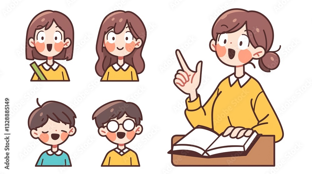 Happy Students Teacher Reading Book Cartoon Illustration Happy Students Teacher Reading Book Cartoon Illustration
