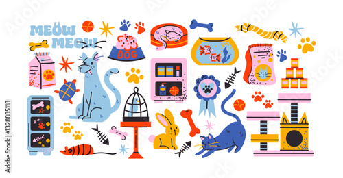 Pet supplies set. Cartoon collection of accessories for cats, dogs. Food bowls, toys, collars, leashes, beds, and cages. Fun vibrant retro doodle style stickers for pet lovers and veterinary shops.