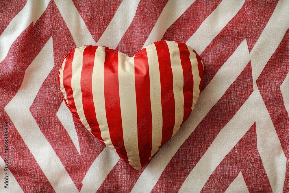 Fototapeta premium A plush red and white striped heart-shaped pillow on a bed, ideal for romantic getaways or Valentine's Day decorations