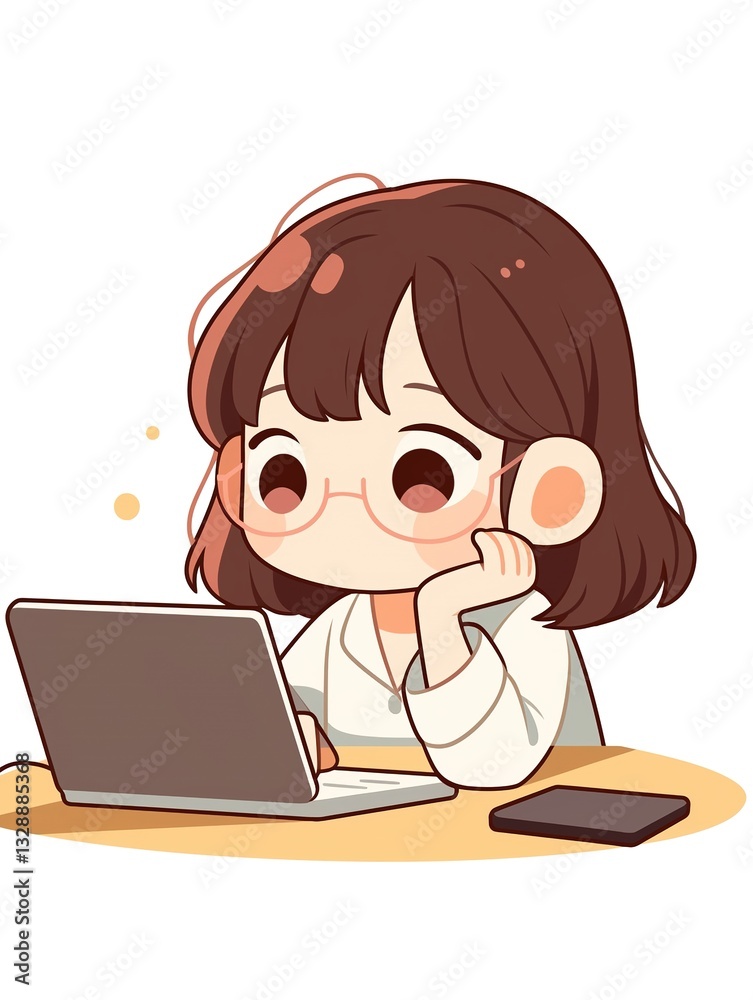 Cute Girl Working on Laptop Thinking Studying Online Learning Illustration Cute Girl Working on Laptop Thinking Studying Online Learning Illustration