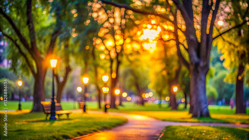 Naklejka premium Natural blur neon light effect background in the modern park.