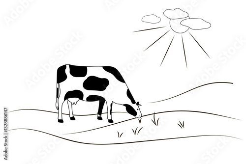 Spotted black and white cow grazing in the meadow, pasture vector illustration.