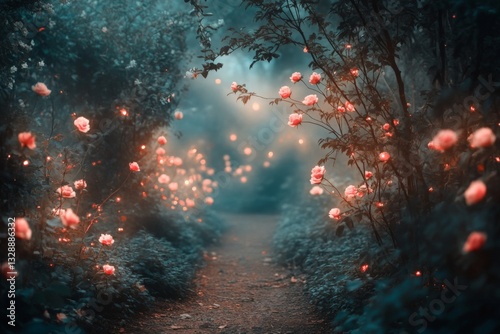 Beautiful garden path surrounded by blooming roses and soft glowing lights in a tranquil setting