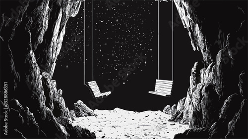 A black and white illustration depicting two swings hanging from the ceiling of a dark cave. The cave walls are textured with rough rock formations. The swings are simple in design and appear to be