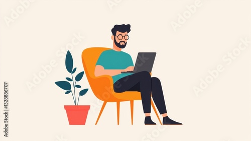 Young man working on laptop in modern orange chair with potted plant in a minimalistic and stylish interior setting for remote work and productivity scenes