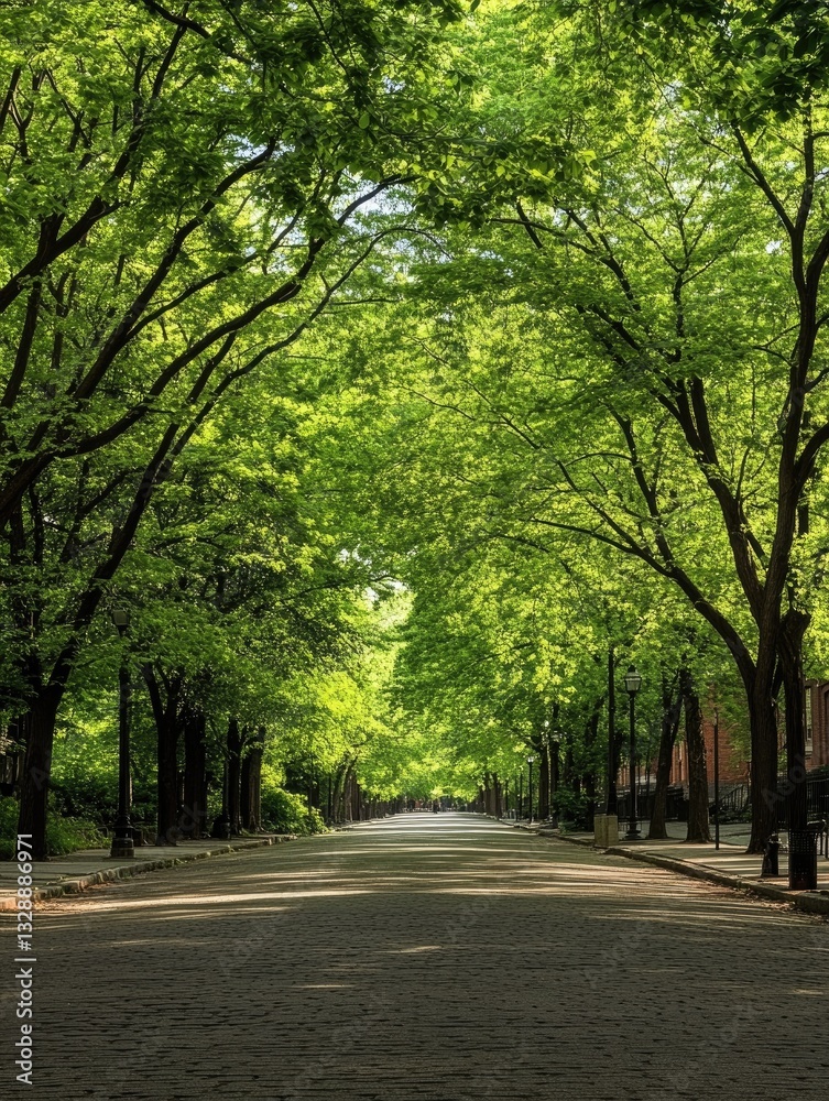Sunlit Park Path for Green Canopy, Urban Oasis. Sunlit Park Path for Green Canopy, Urban Oasis.
