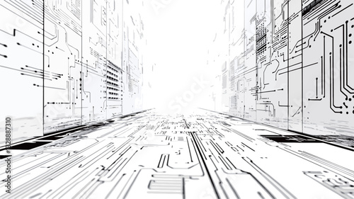 The image presents a monochromatic grayscale illustration of an abstract corridor or pathway.  The perspective is linear, converging towards a bright point in the distance.  The walls and floor are