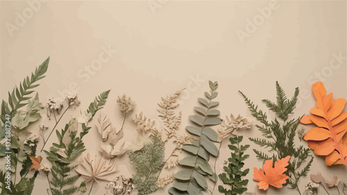 High-angle, close-up view of a flat lay arrangement of various dried plants and flowers on a solid beige background. The arrangement is positioned along the bottom of the frame, leaving significant