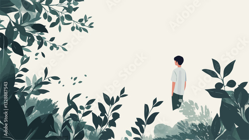 Digital illustration depicting a man standing in profile view, facing away from the viewer, amidst a frame of stylized teal-green leaves. The background is primarily white, creating a stark