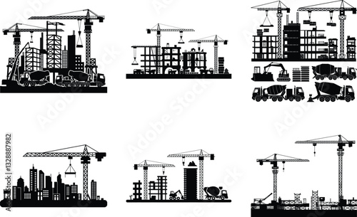 Collection of black Construction silhouette set. Construction silhouette vector illustration. Construction cranes over buildings. City development. Factory construction silhouette. 