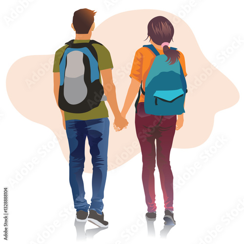 couple of tourist or students with backpack walking away . travel on white background. vector,