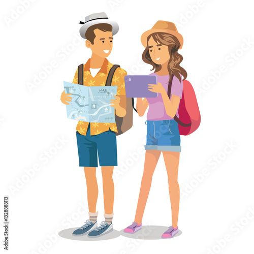 young tourists traveling people with backpacks, suitcases and maps to travel, vacation traveler .Travel  and tourism concepts. vector,