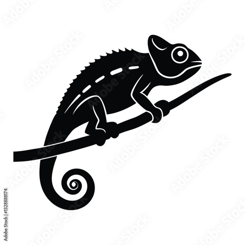 Chameleon on branch silhouette isolated on white background