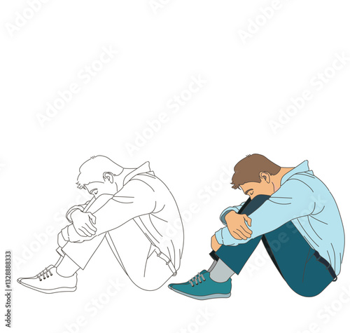 Line drawing and flat style of Depressed businessman sits against a wall and looks down at floor. vector,