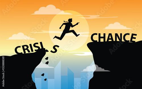 man jumping from crisis to cahnce  on cliff with cloud sky and sunlight silhoette. vector,