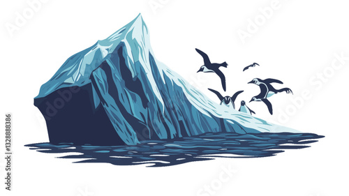 A stylized vector illustration depicting a large iceberg partially submerged in water. The iceberg is predominantly blue and dark blue, with shading suggesting texture and depth.  Several