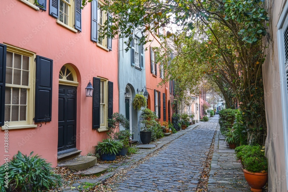Fototapeta premium Charming cobblestone alley lined with colorful buildings and vibrant greenery in an historic neighborhood during autumn