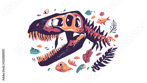 A stylized illustration of a Tyrannosaurus Rex skull and partial skeleton. The skull is depicted in dark tones, while the surrounding elements—including stylized tropical leaves and fish—are