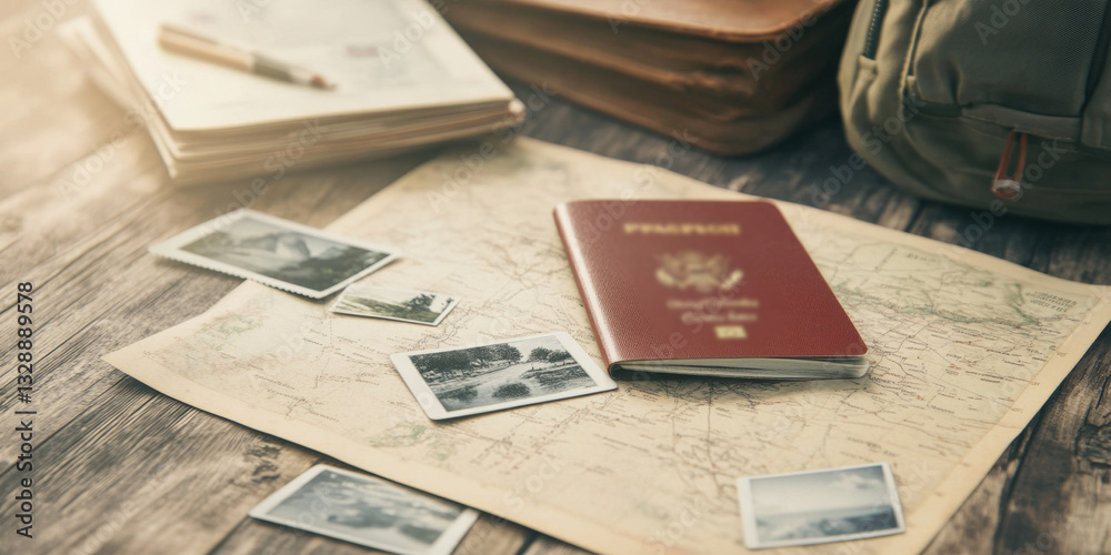 A passport, Polaroid photos, and a detailed map hint at an exciting adventure ahead A passport, Polaroid photos, and a detailed map hint at an exciting adventure ahead