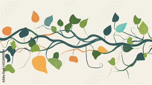 A stylized illustration of a vine with leaves in various colors, including greens, yellows, and blues. The leaves are depicted in a simplified, flat style. The vine itself is a dark teal color and