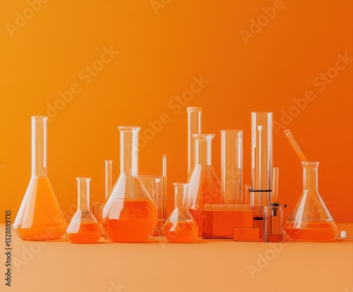 A collection of laboratory glassware filled with bright orange liquids set against an orange background.