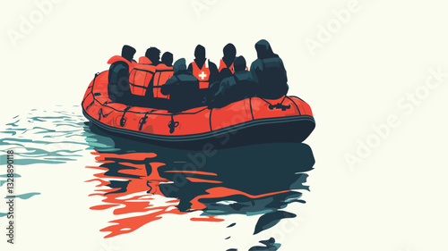 A stylized illustration depicting a red inflatable raft carrying a group of individuals at sea. The raft is centrally positioned, with the figures appearing dark against the bright red of the
