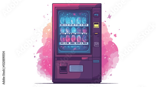A digital illustration of a vending machine rendered in a stylized, almost kawaii manner. The machine is predominantly purple and pink with a translucent display showcasing colorful, indistinct