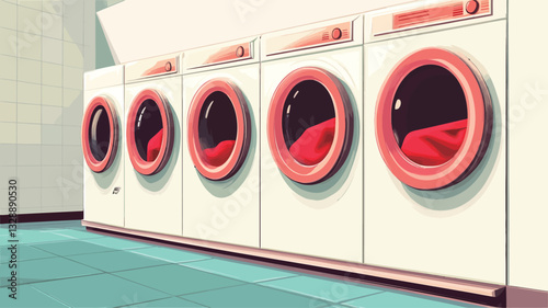 The image shows a row of five large, off-white commercial washing machines in a bright, clean room.  The machines are side-by-side, and their portholes are visible, each containing red fabric. The