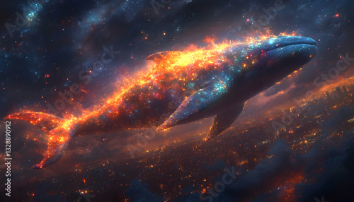 A fiery whale soars through a starlit sky above a city, its body ablaze with cosmic energy