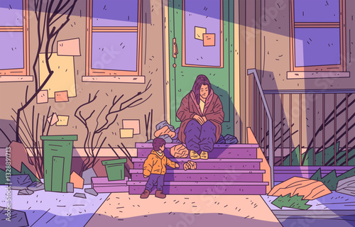 Homelessness compassion child giving food to a seated person on urban steps surrounded by scattered items and bare trees warm colors street scene