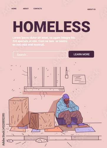 Homeless person street scene urban poverty cardboard boxes somber colors website template